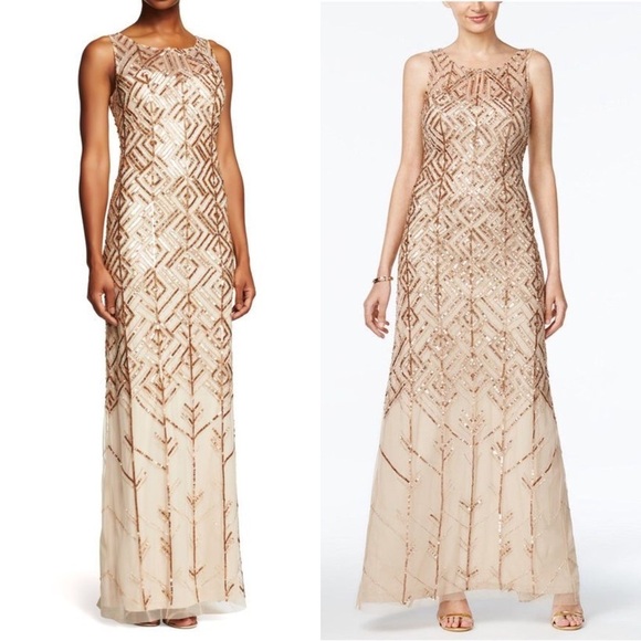 Adrianna Papell Nude & Gold Sequin Beaded Column Dress Gown Sz 10 - Picture 3 of 13